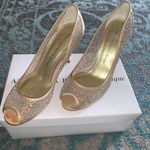 ADRIANNA PAPELL Mesh Prom Heels w/ Stones  - Nude